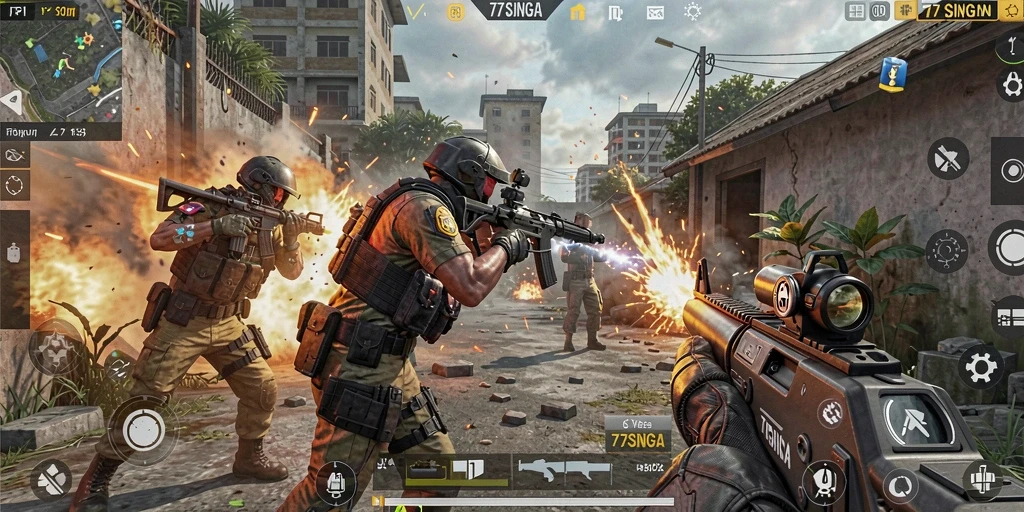 Gameplay seru dari 77SINGA dalam pertarungan FPS.