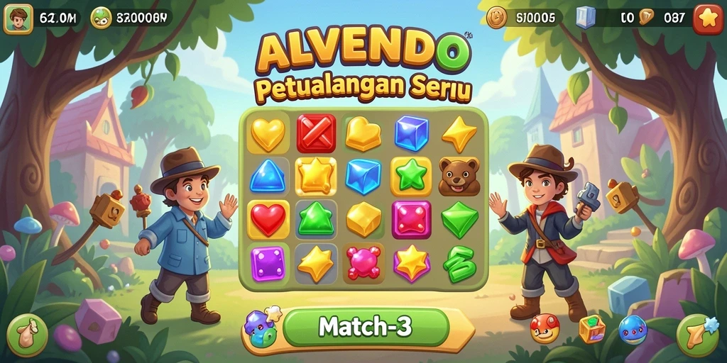 Tampilan gameplay menarik dalam ALVENDO yang memikat pemain Match-3.