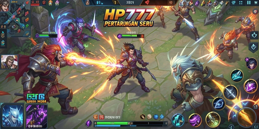 Tampilan gameplay seru HP777 dalam pertarungan MOBA yang mendebarkan.