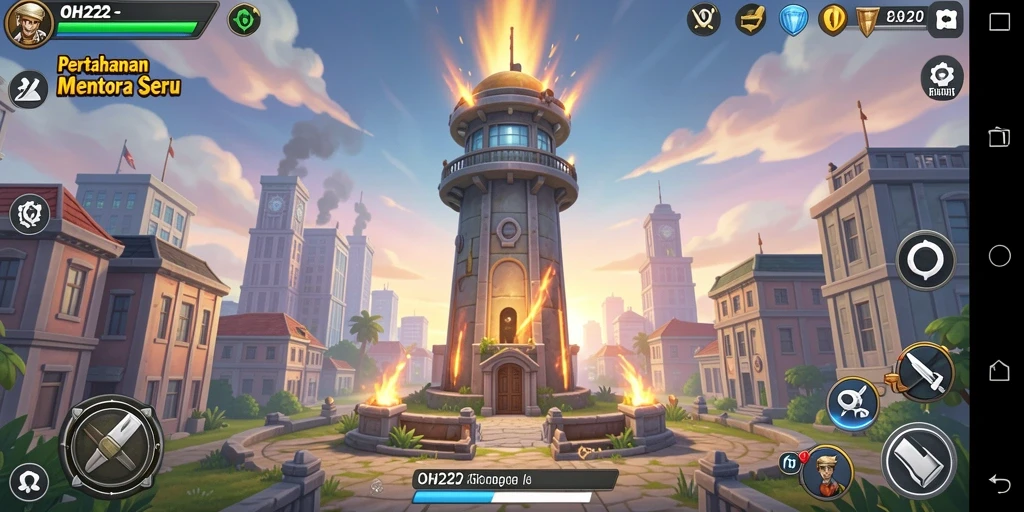 Tampilan gameplay seru dari OH222 dengan menara dan musuh yang beragam.