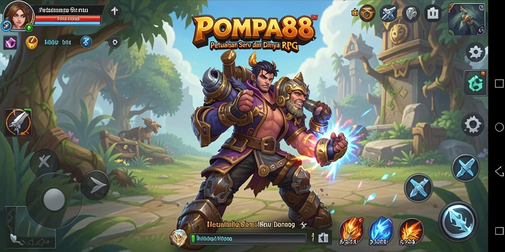 Tangkapan layar utama POMPA88 menampilkan pertempuran seru dalam gaya RPG.
